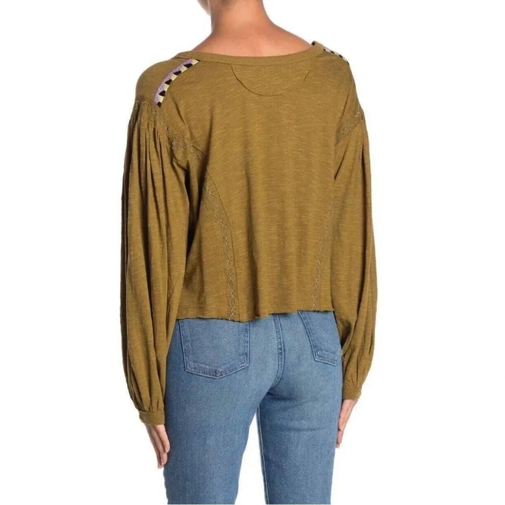 Free People Boho Moss Green Top Long Sleeve Embroidered Size XS